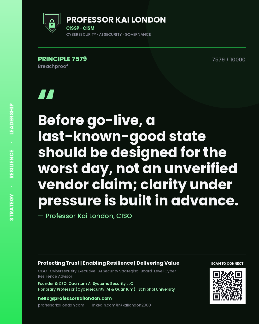 Quote card by Professor Kai London reading 'Before go-live, a last-known-good state should be designed for the worst day, not an unverified vendor claim; clarity under pressure is built in advance.'. From the book Breachproof.