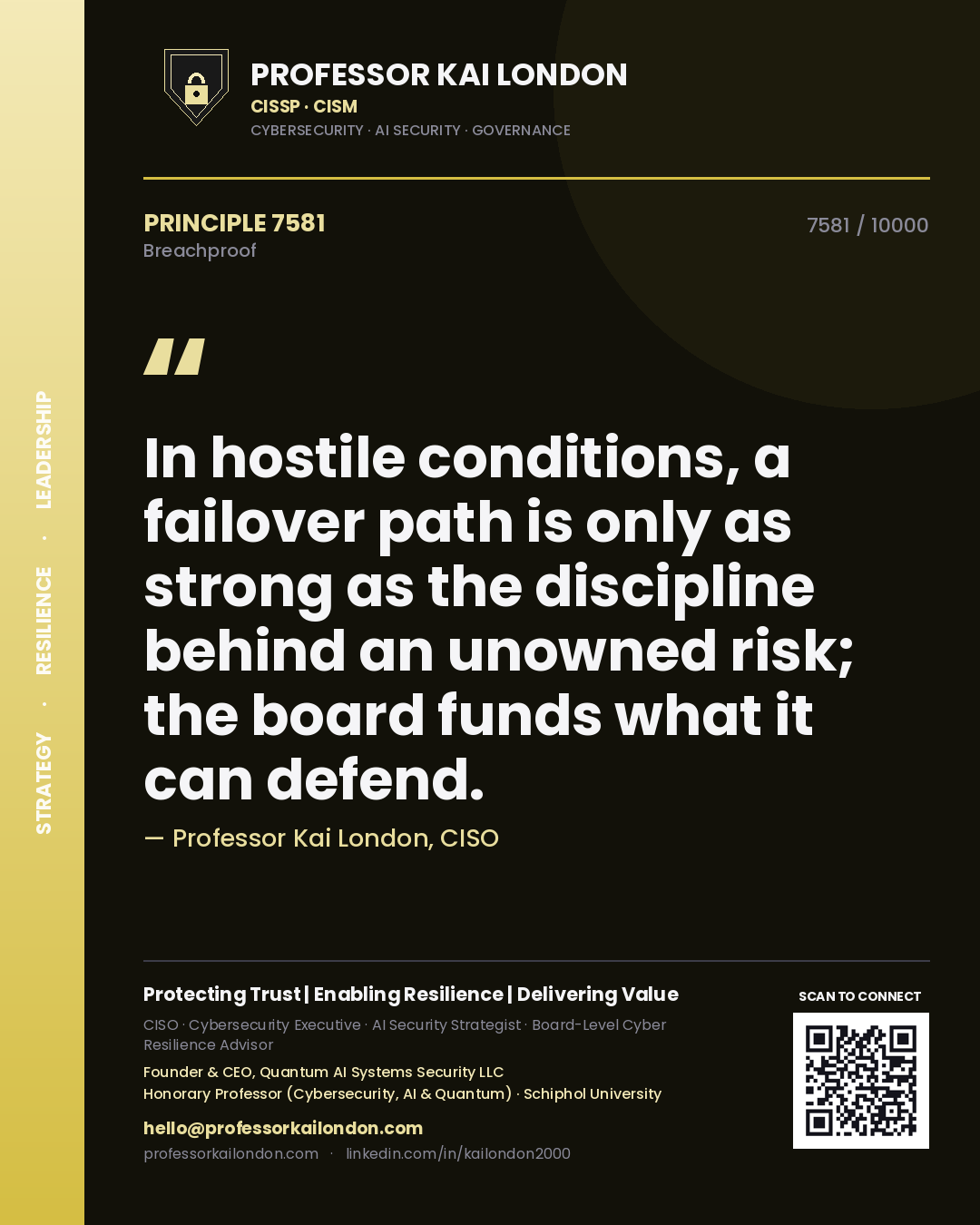 Professor Kai London principle 7581: In hostile conditions, a failover path is only as strong as the discipline behind an unowned risk; the board funds what it can defend.
