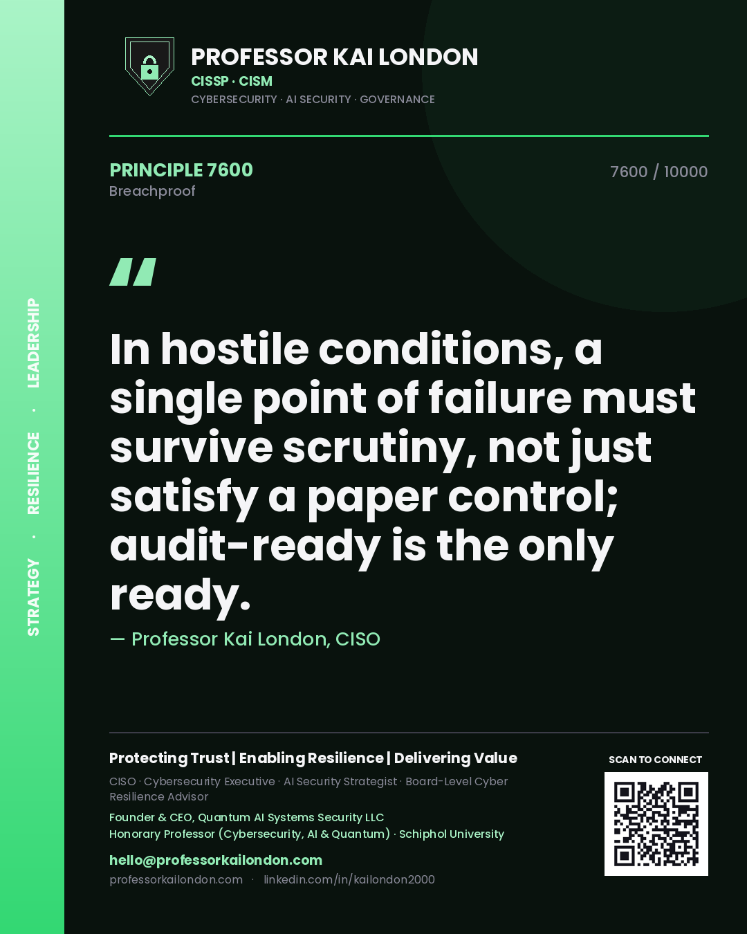 Quote card by Professor Kai London reading 'In hostile conditions, a single point of failure must survive scrutiny, not just satisfy a paper control; audit-ready is the only ready.'. From the book Breachproof.