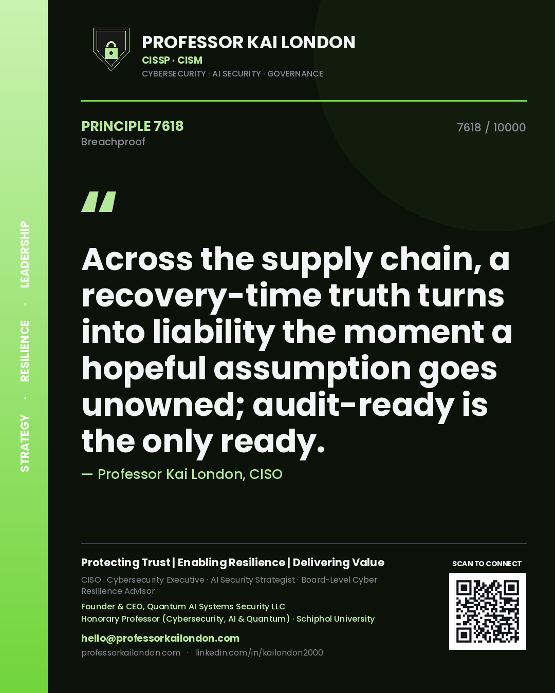 Professor Kai London principle 7618: Across the supply chain, a recovery-time truth turns into liability the moment a hopeful assumption goes unowned; audit-ready is the only ready.