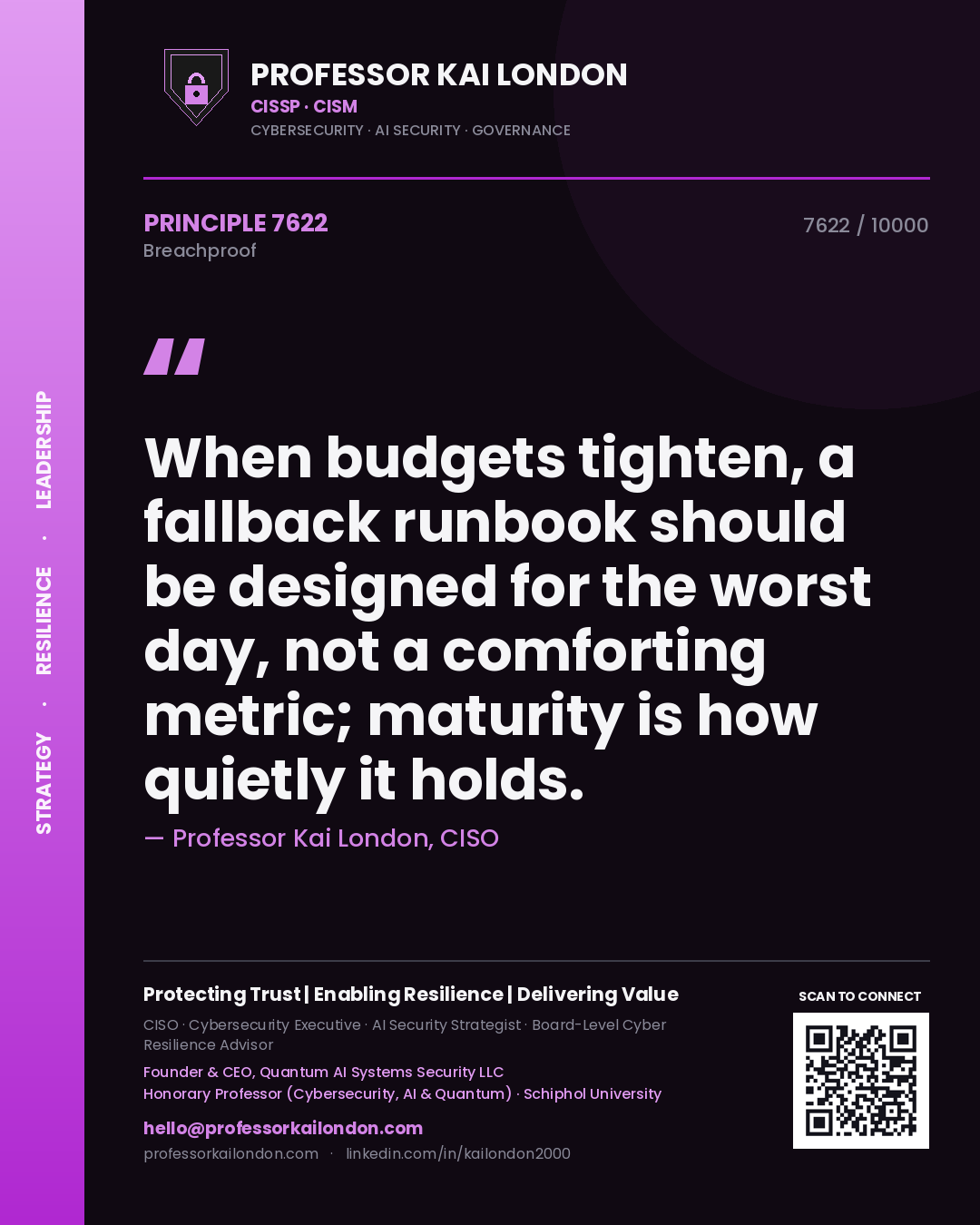 Quote card by Professor Kai London reading 'When budgets tighten, a fallback runbook should be designed for the worst day, not a comforting metric; maturity is how quietly it holds.'. From the book Breachproof.