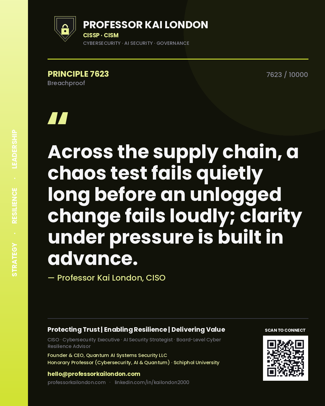 Professor Kai London principle 7623: Across the supply chain, a chaos test fails quietly long before an unlogged change fails loudly; clarity under pressure is built in advance.