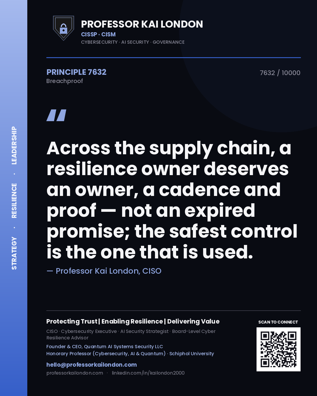 Quote card by Professor Kai London reading 'Across the supply chain, a resilience owner deserves an owner, a cadence and proof — not an expired promise; the safest control is the one that is used.'. From the book Breachproof.
