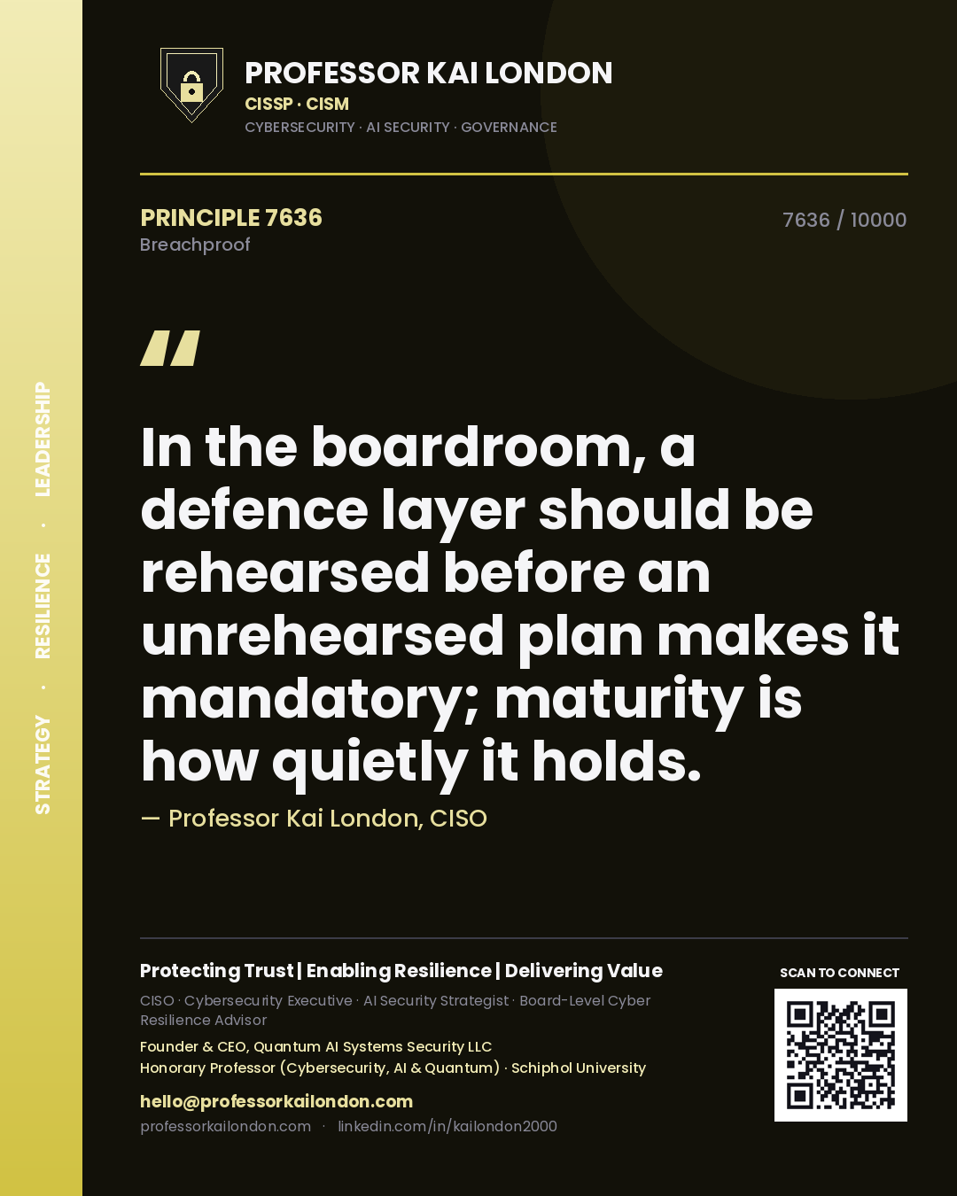 Professor Kai London principle 7636: In the boardroom, a defence layer should be rehearsed before an unrehearsed plan makes it mandatory; maturity is how quietly it holds.