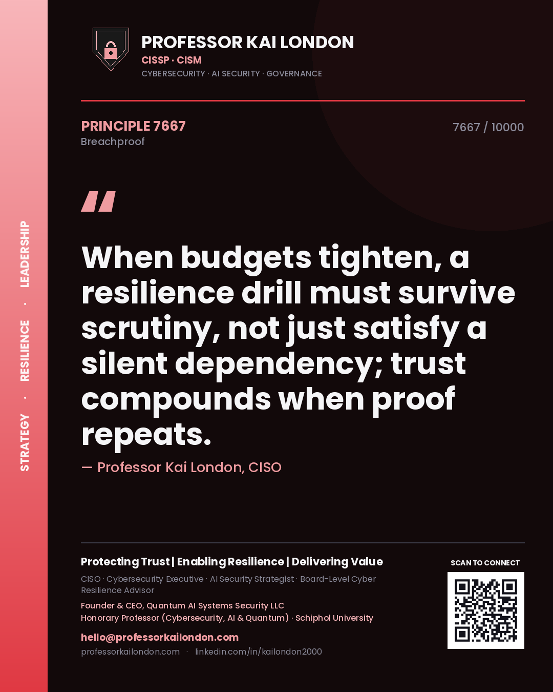 Professor Kai London principle 7667: When budgets tighten, a resilience drill must survive scrutiny, not just satisfy a silent dependency; trust compounds when proof repeats.