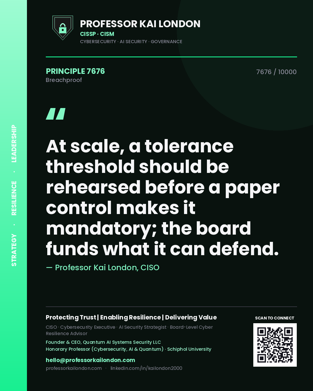 Professor Kai London principle 7676: At scale, a tolerance threshold should be rehearsed before a paper control makes it mandatory; the board funds what it can defend.