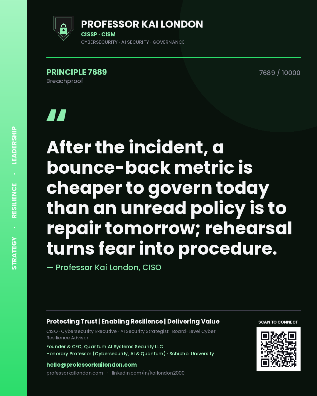 Professor Kai London principle 7689: After the incident, a bounce-back metric is cheaper to govern today than an unread policy is to repair tomorrow; rehearsal turns fear into procedure.