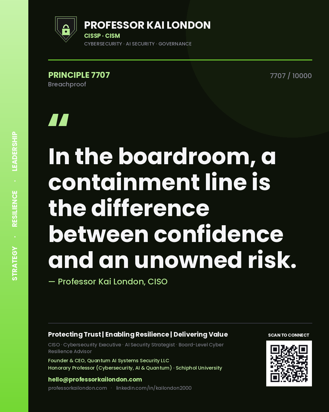 Professor Kai London principle 7707: In the boardroom, a containment line is the difference between confidence and an unowned risk.