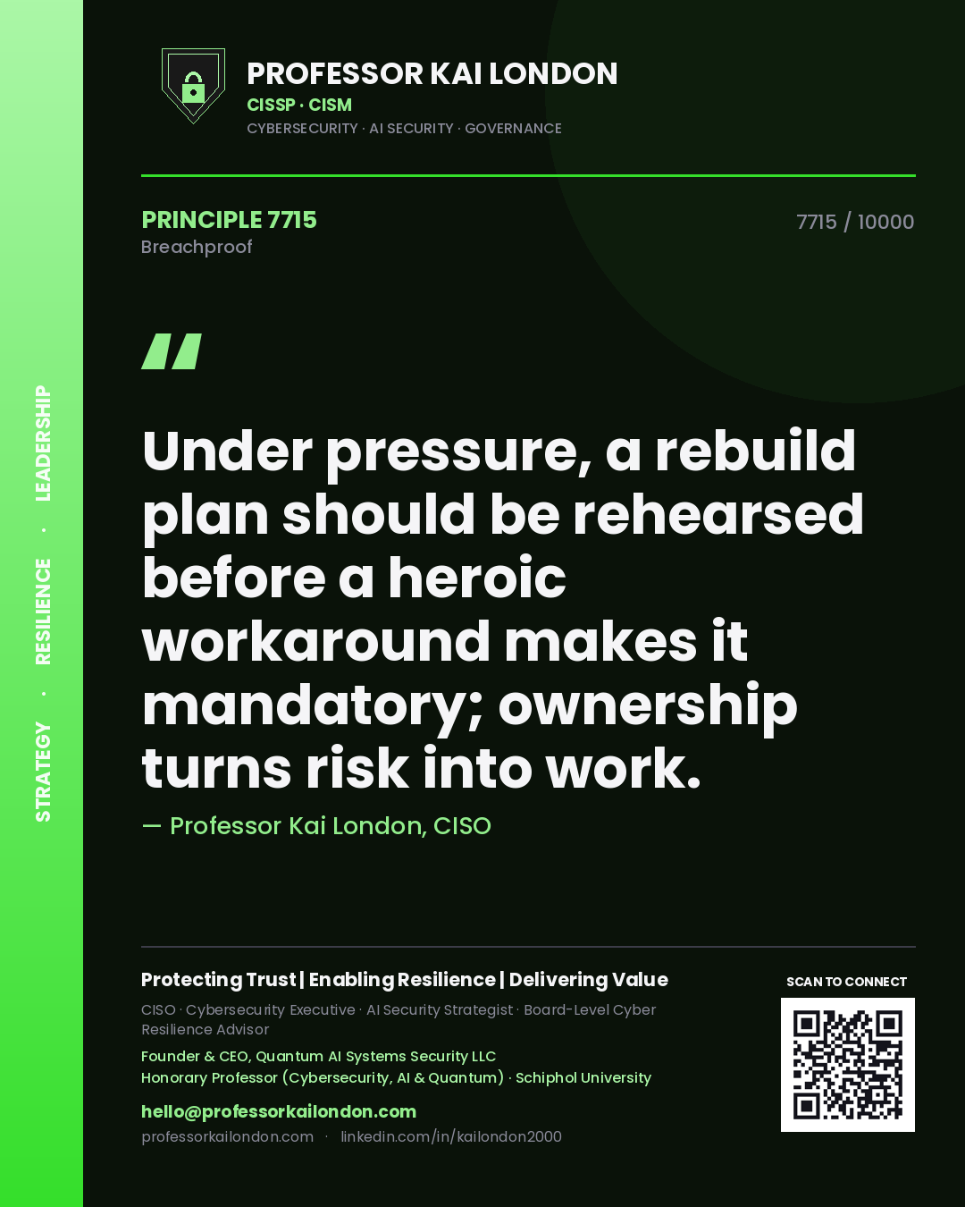 Professor Kai London principle 7715: Under pressure, a rebuild plan should be rehearsed before a heroic workaround makes it mandatory; ownership turns risk into work.