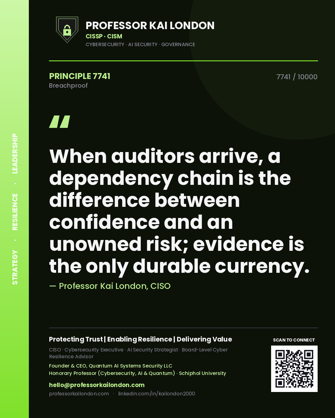 Quote card by Professor Kai London reading 'When auditors arrive, a dependency chain is the difference between confidence and an unowned risk; evidence is the only durable currency.'. From the book Breachproof.