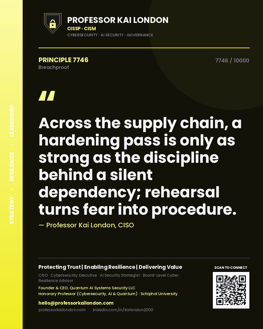 Quote card by Professor Kai London reading 'Across the supply chain, a hardening pass is only as strong as the discipline behind a silent dependency; rehearsal turns fear into procedure.'. From the book Breachproof.