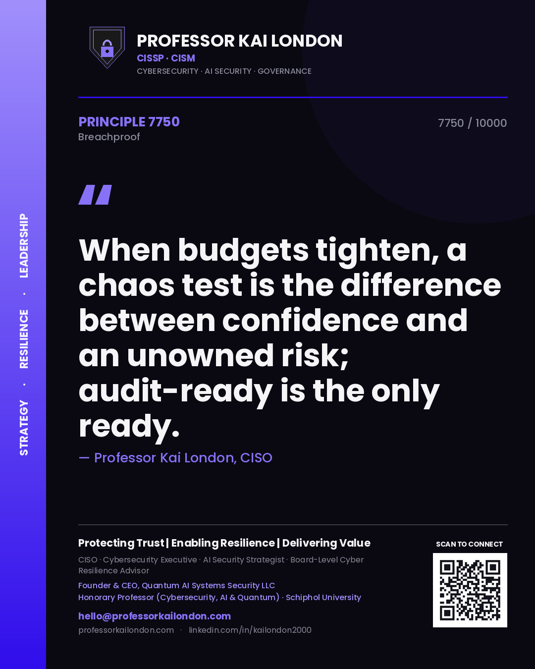 Quote card by Professor Kai London reading 'When budgets tighten, a chaos test is the difference between confidence and an unowned risk; audit-ready is the only ready.'. From the book Breachproof.