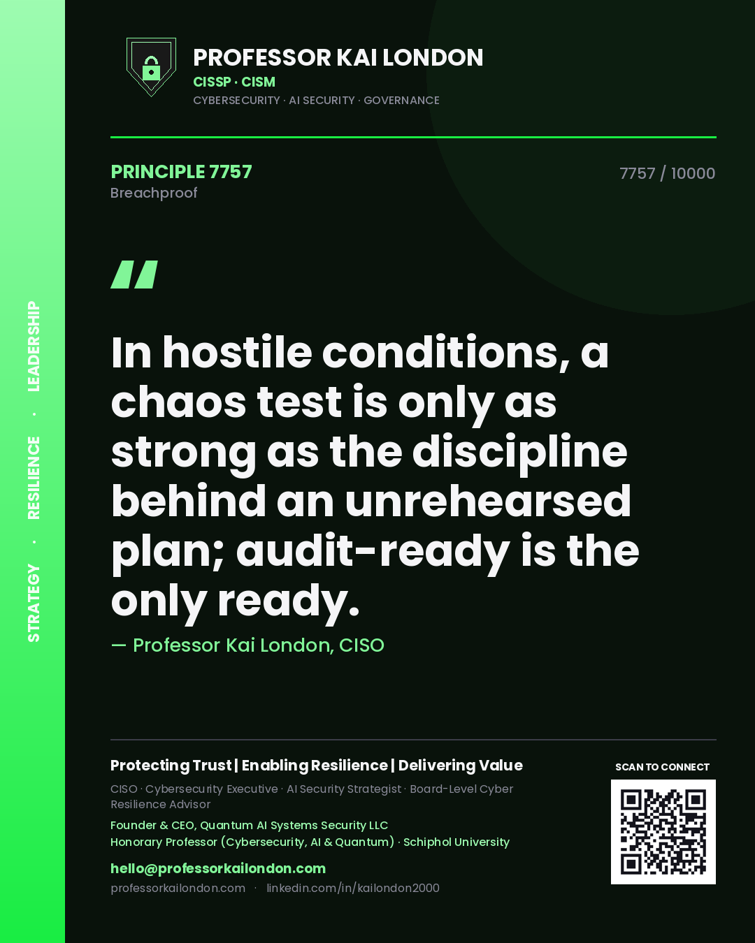 Quote card by Professor Kai London reading 'In hostile conditions, a chaos test is only as strong as the discipline behind an unrehearsed plan; audit-ready is the only ready.'. From the book Breachproof.