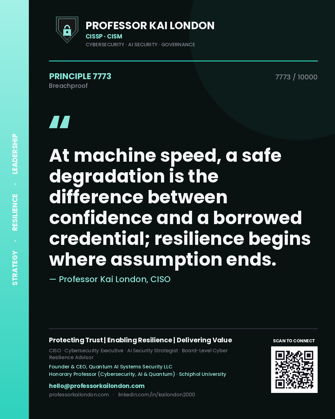 Quote card by Professor Kai London reading 'At machine speed, a safe degradation is the difference between confidence and a borrowed credential; resilience begins where assumption ends.'. From the book Breachproof.