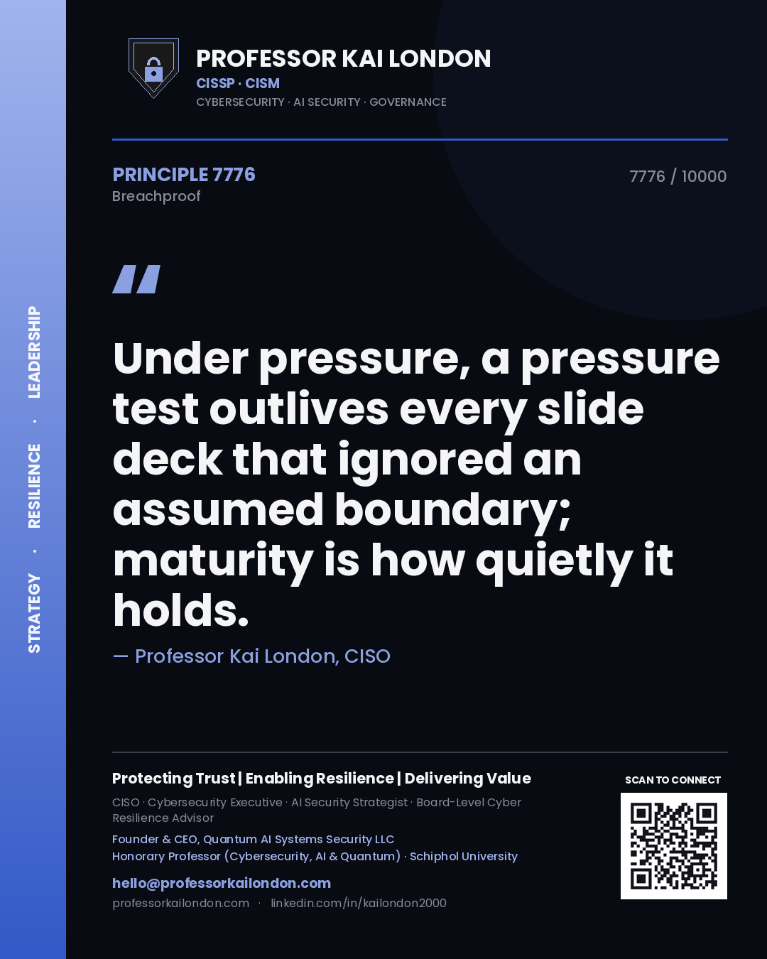 Quote card by Professor Kai London reading 'Under pressure, a pressure test outlives every slide deck that ignored an assumed boundary; maturity is how quietly it holds.'. From the book Breachproof.