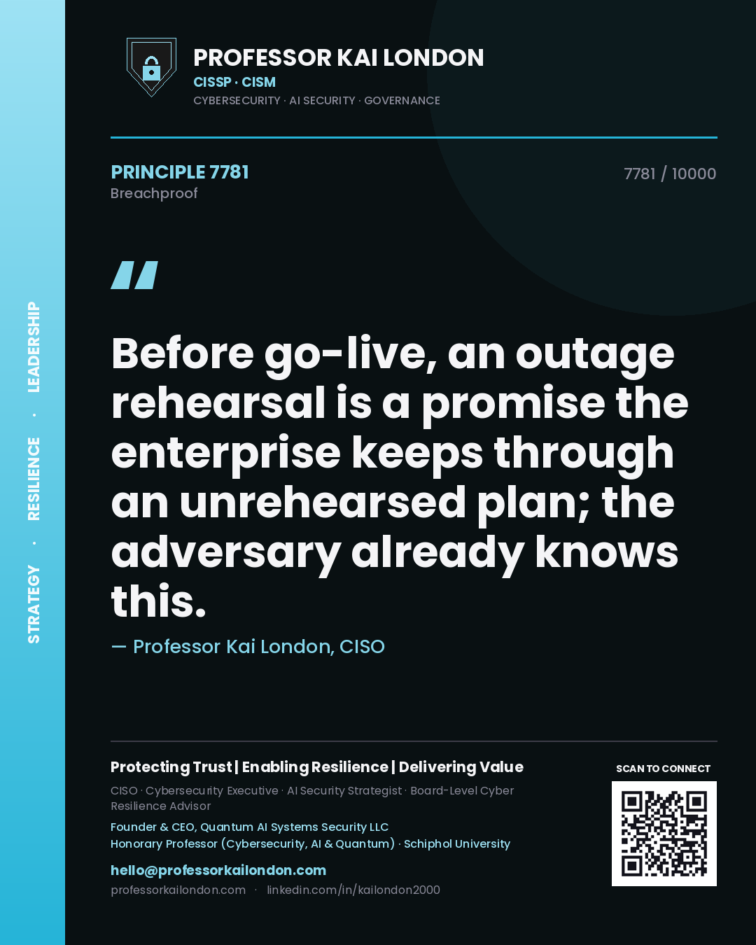 Professor Kai London principle 7781: Before go-live, an outage rehearsal is a promise the enterprise keeps through an unrehearsed plan; the adversary already knows this.