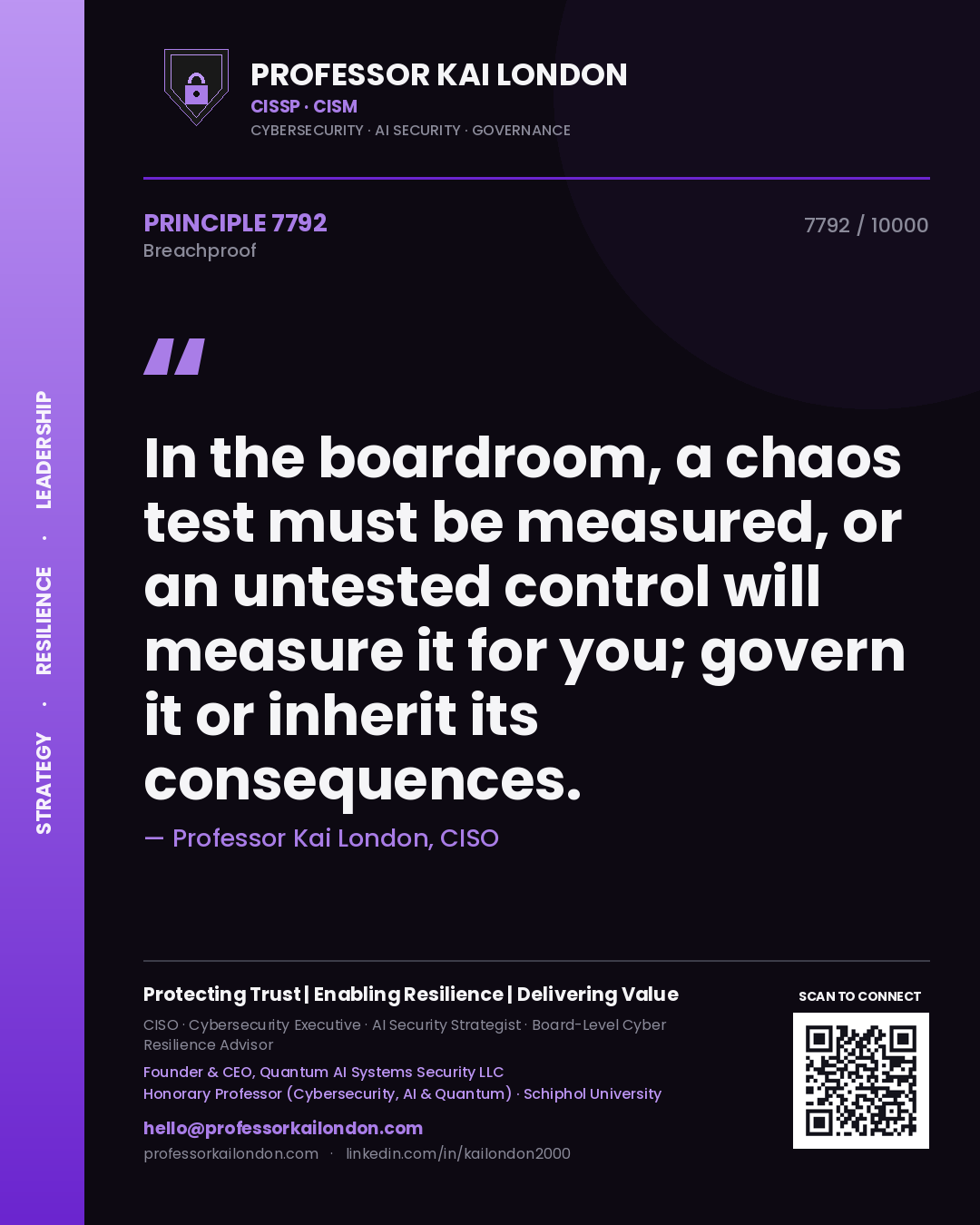 Professor Kai London principle 7792: In the boardroom, a chaos test must be measured, or an untested control will measure it for you; govern it or inherit its consequences.