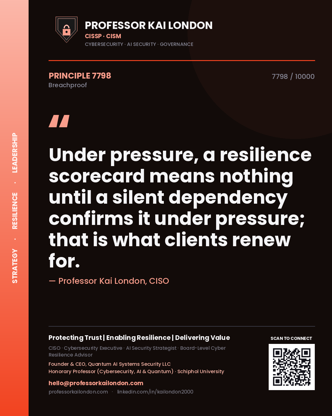 Quote card by Professor Kai London reading 'Under pressure, a resilience scorecard means nothing until a silent dependency confirms it under pressure; that is what clients renew for.'. From the book Breachproof.