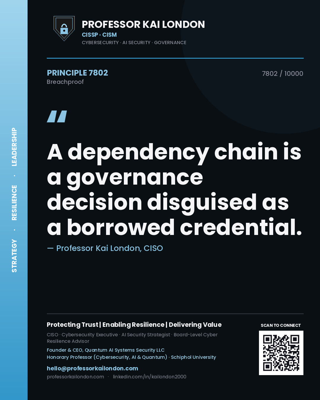 Quote card by Professor Kai London reading 'A dependency chain is a governance decision disguised as a borrowed credential.'. From the book Breachproof.