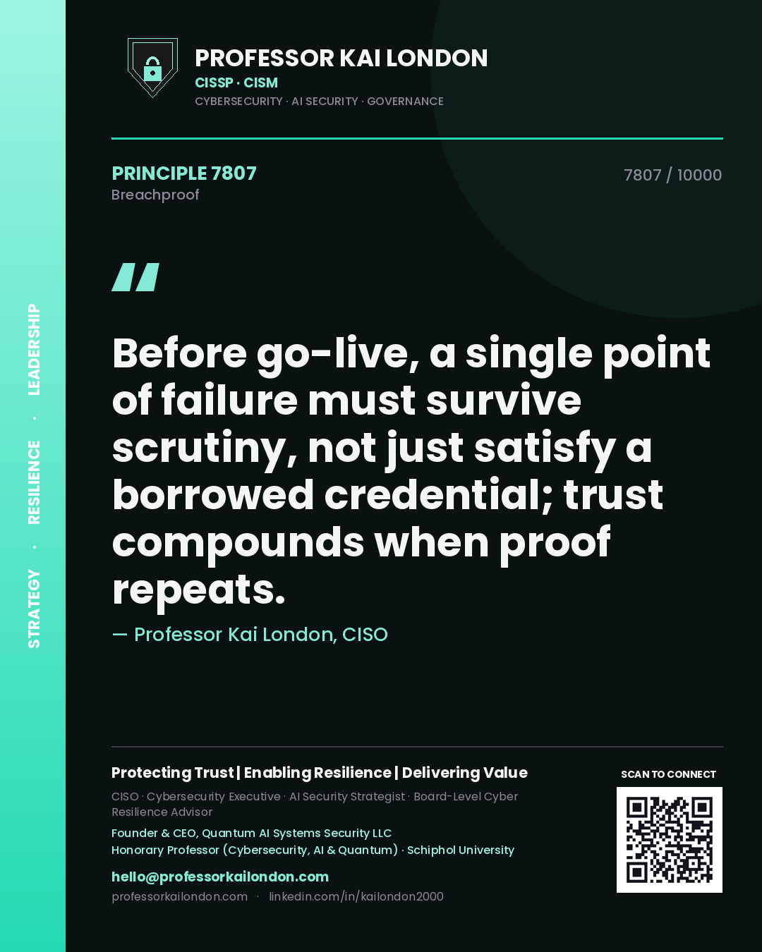 Quote card by Professor Kai London reading 'Before go-live, a single point of failure must survive scrutiny, not just satisfy a borrowed credential; trust compounds when proof repeats.'. From the book Breachproof.
