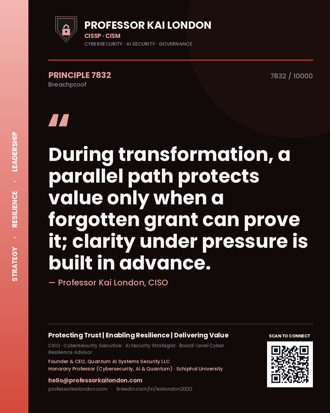 Quote card by Professor Kai London reading 'During transformation, a parallel path protects value only when a forgotten grant can prove it; clarity under pressure is built in advance.'. From the book Breachproof.
