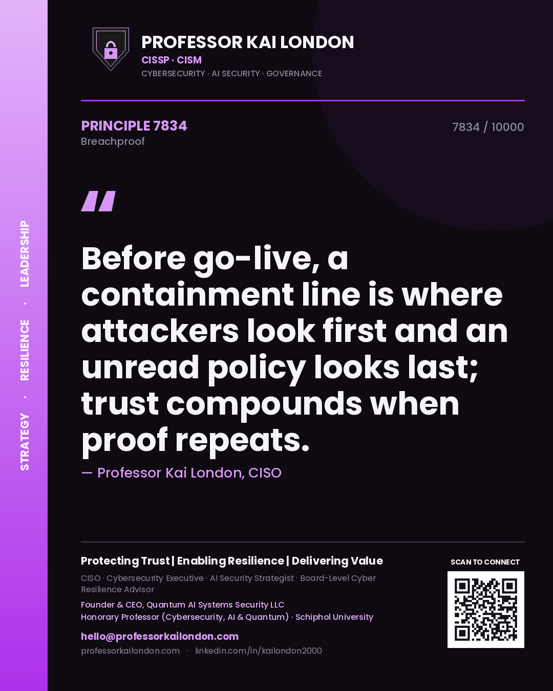 Quote card by Professor Kai London reading 'Before go-live, a containment line is where attackers look first and an unread policy looks last; trust compounds when proof repeats.'. From the book Breachproof.