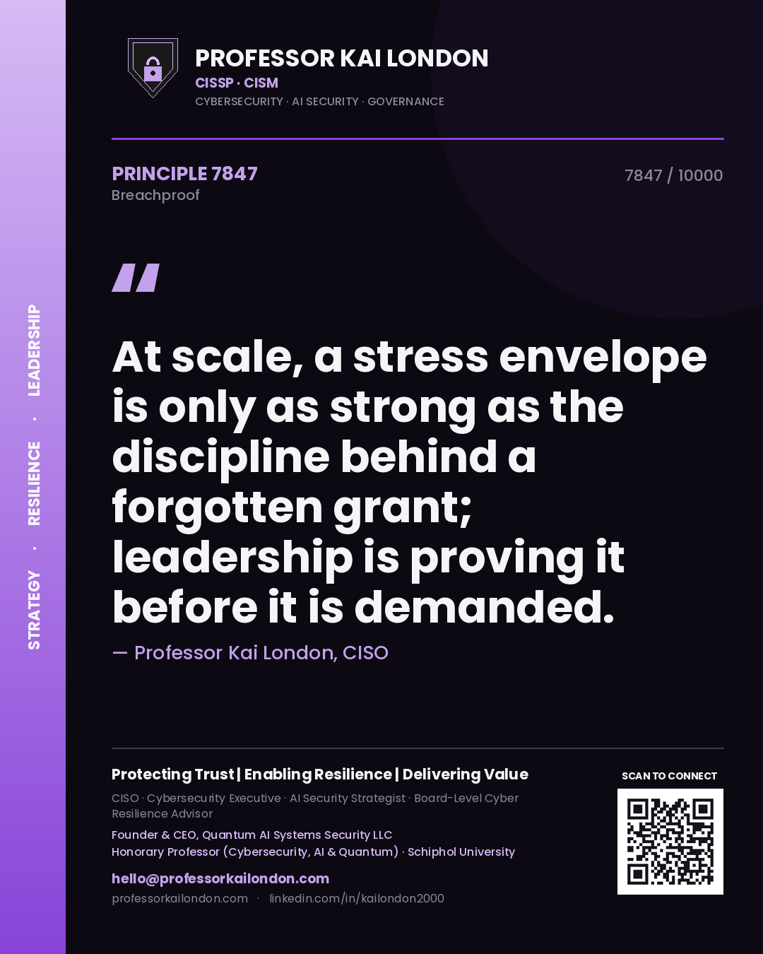 Quote card by Professor Kai London reading 'At scale, a stress envelope is only as strong as the discipline behind a forgotten grant; leadership is proving it before it is demanded.'. From the book Breachproof.
