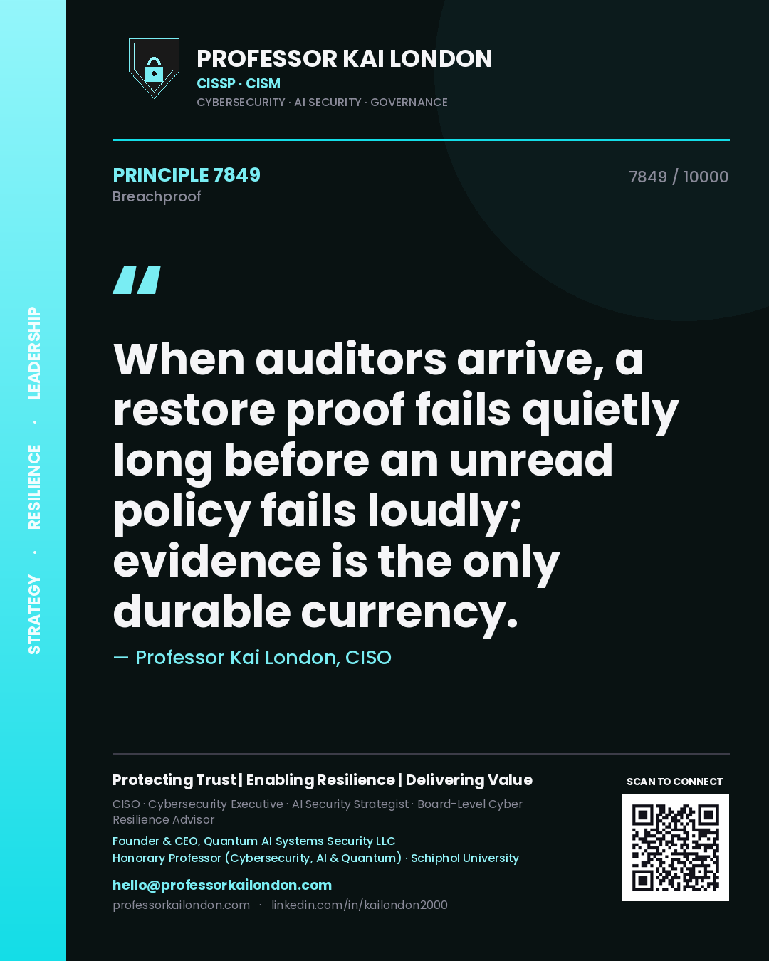 Quote card by Professor Kai London reading 'When auditors arrive, a restore proof fails quietly long before an unread policy fails loudly; evidence is the only durable currency.'. From the book Breachproof.