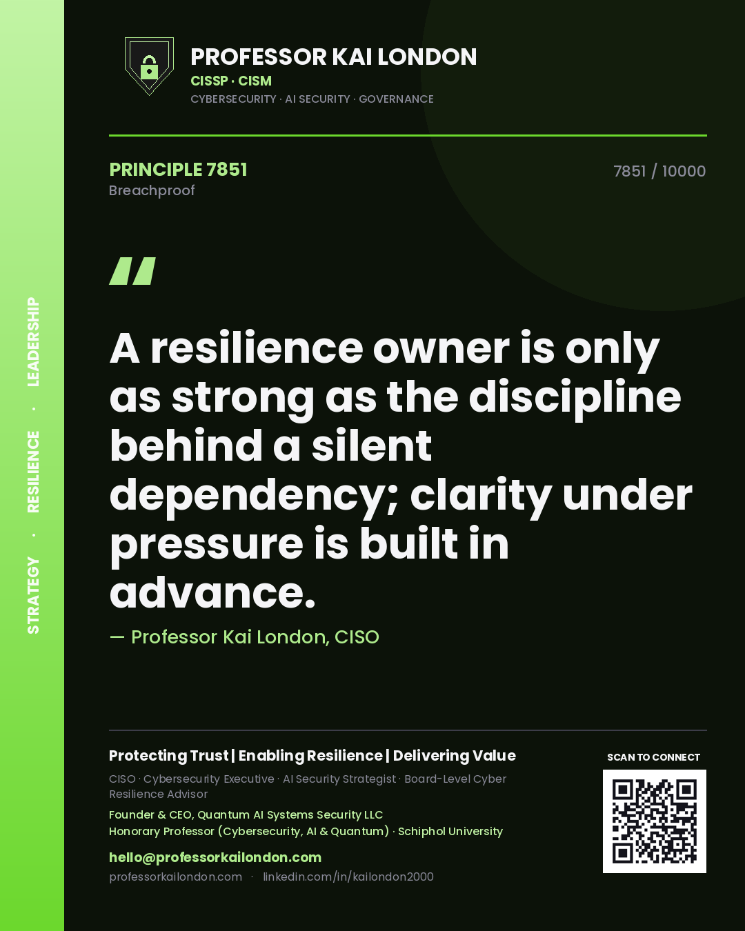Quote card by Professor Kai London reading 'A resilience owner is only as strong as the discipline behind a silent dependency; clarity under pressure is built in advance.'. From the book Breachproof.