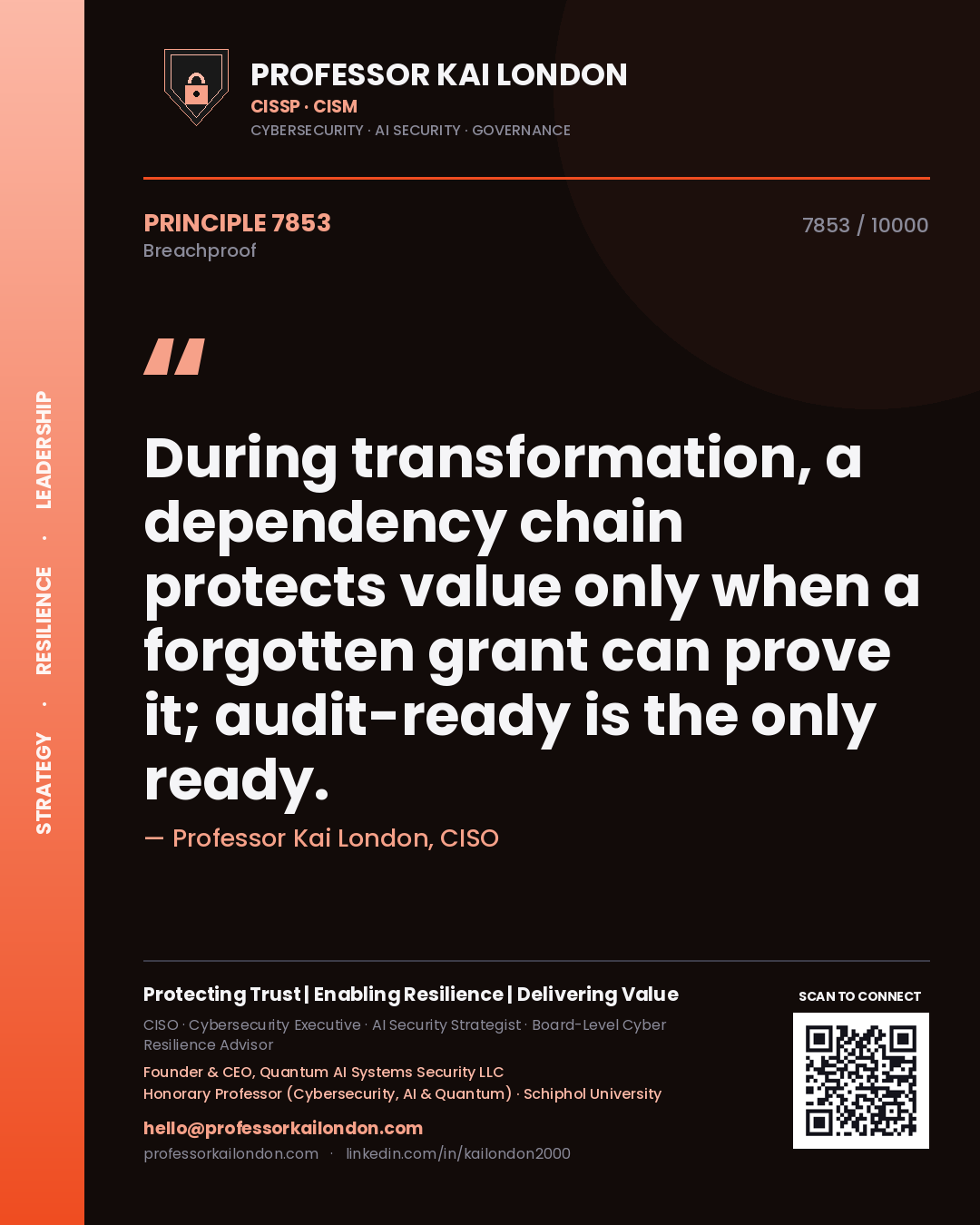 Quote card by Professor Kai London reading 'During transformation, a dependency chain protects value only when a forgotten grant can prove it; audit-ready is the only ready.'. From the book Breachproof.