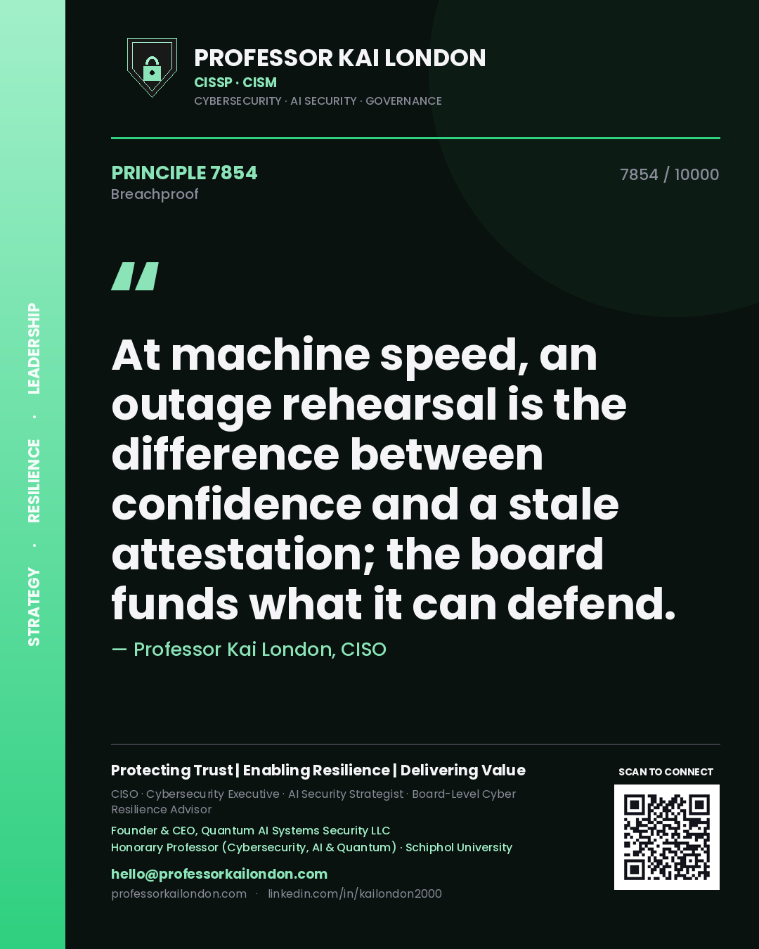 Quote card by Professor Kai London reading 'At machine speed, an outage rehearsal is the difference between confidence and a stale attestation; the board funds what it can defend.'. From the book Breachproof.