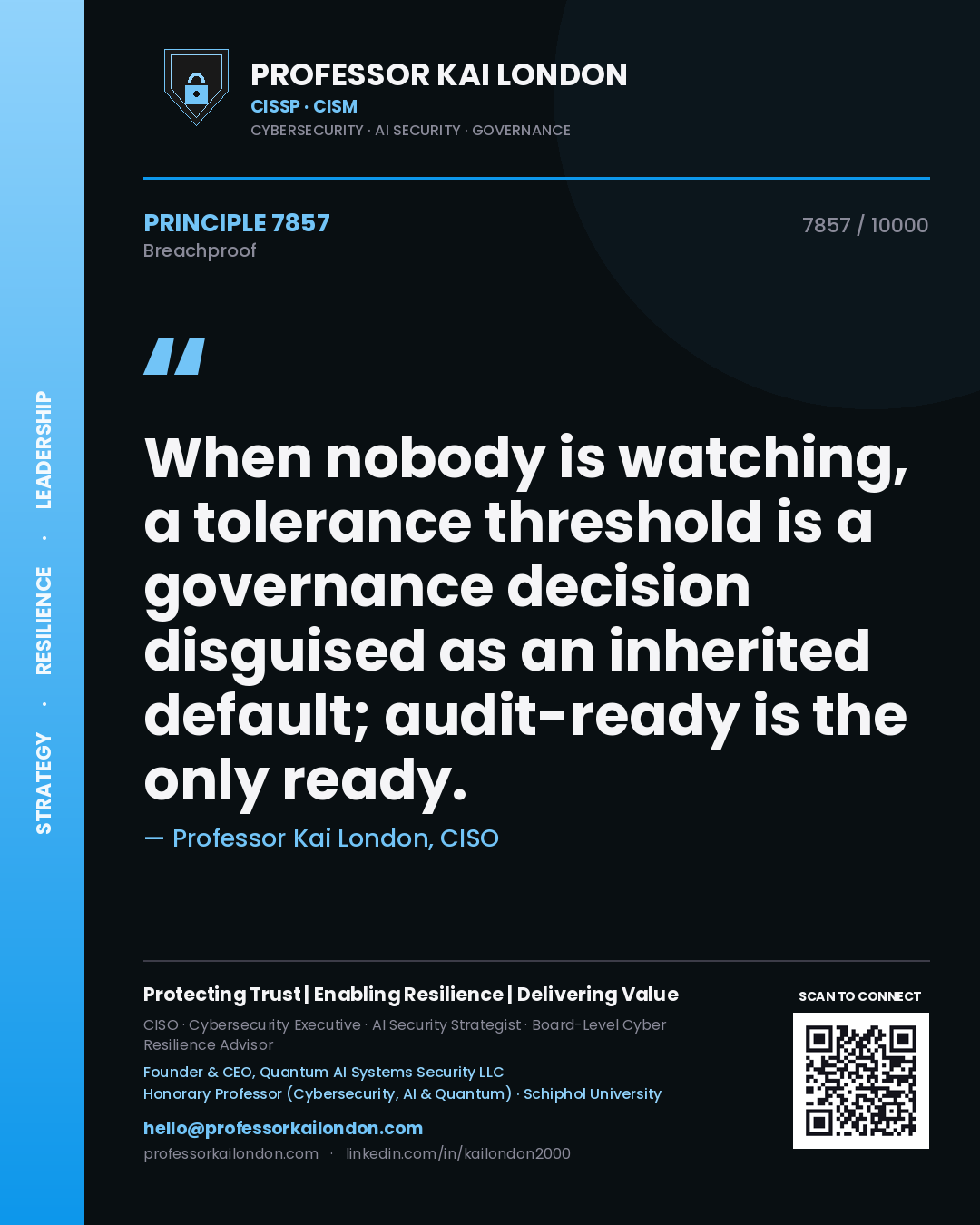 Professor Kai London principle 7857: When nobody is watching, a tolerance threshold is a governance decision disguised as an inherited default; audit-ready is the only ready.