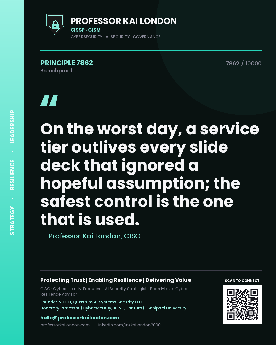 Quote card by Professor Kai London reading 'On the worst day, a service tier outlives every slide deck that ignored a hopeful assumption; the safest control is the one that is used.'. From the book Breachproof.