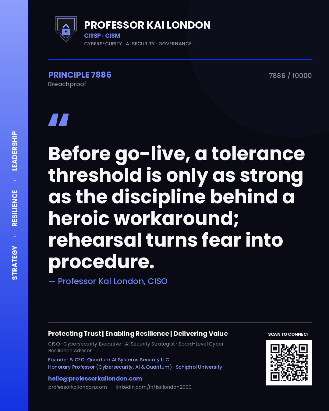 Quote card by Professor Kai London reading 'Before go-live, a tolerance threshold is only as strong as the discipline behind a heroic workaround; rehearsal turns fear into procedure.'. From the book Breachproof.
