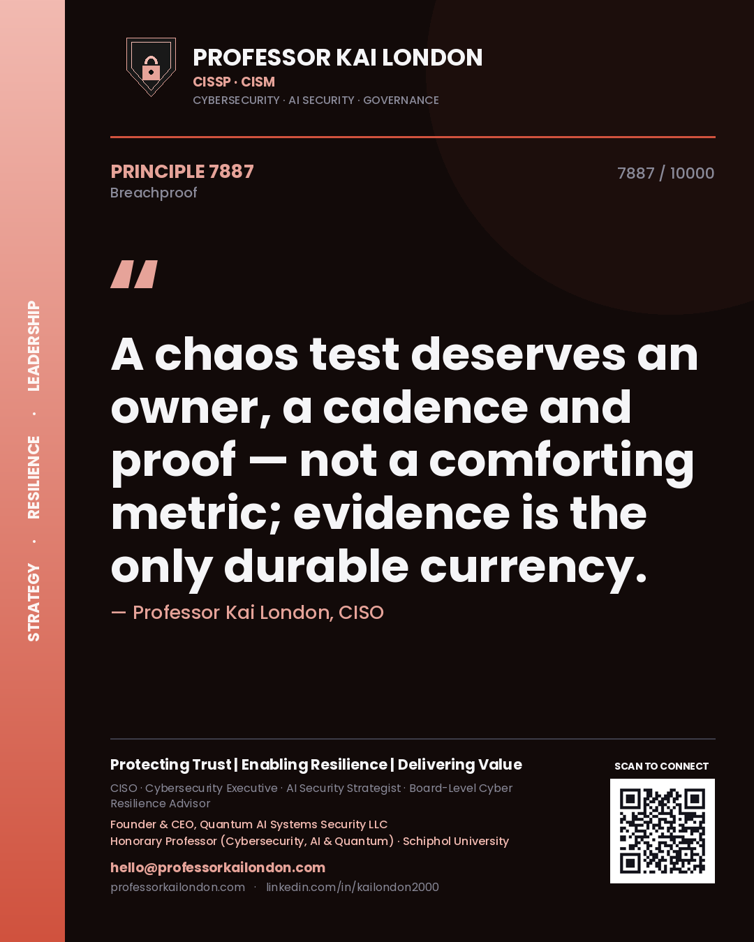 Quote card by Professor Kai London reading 'A chaos test deserves an owner, a cadence and proof — not a comforting metric; evidence is the only durable currency.'. From the book Breachproof.