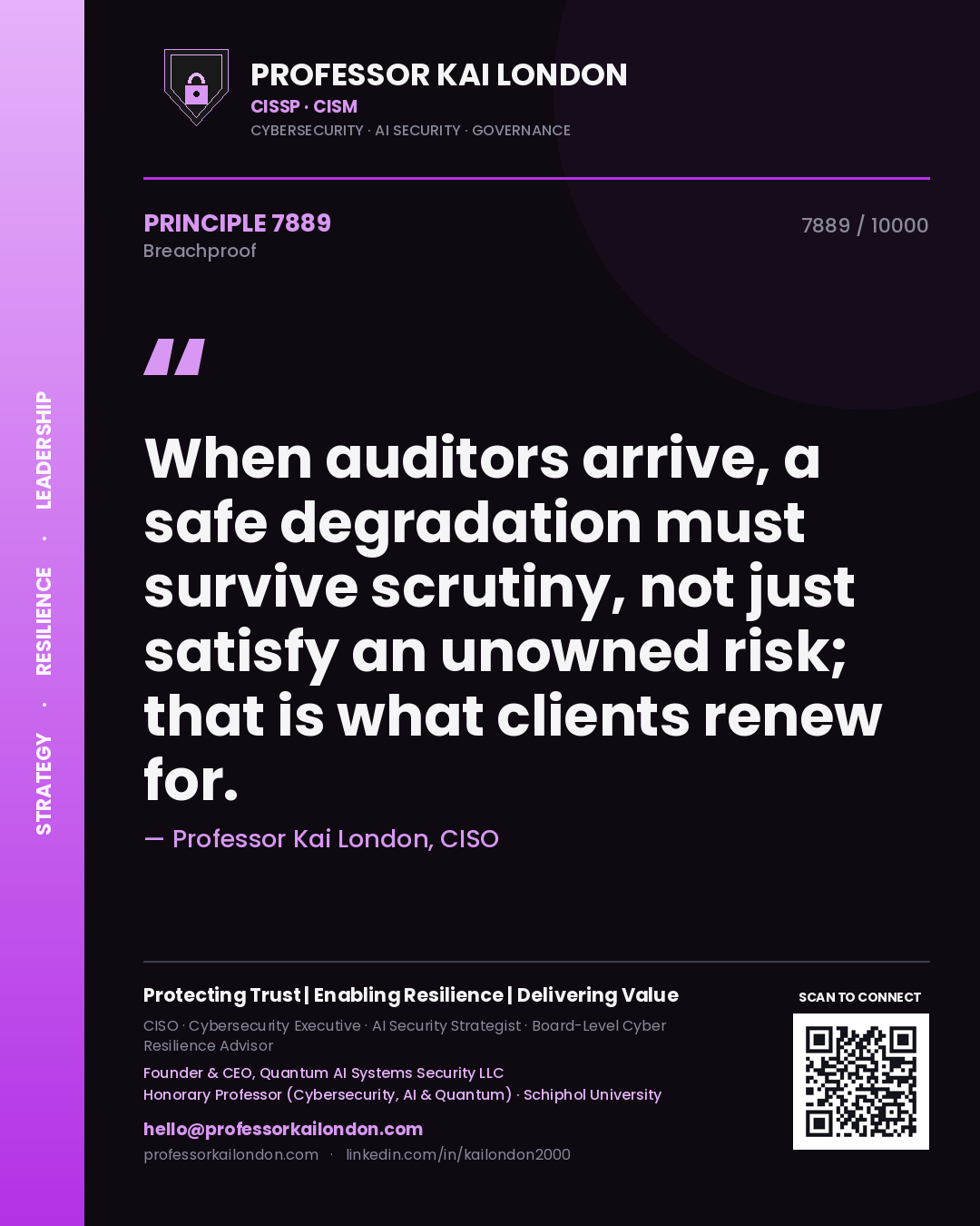 Quote card by Professor Kai London reading 'When auditors arrive, a safe degradation must survive scrutiny, not just satisfy an unowned risk; that is what clients renew for.'. From the book Breachproof.