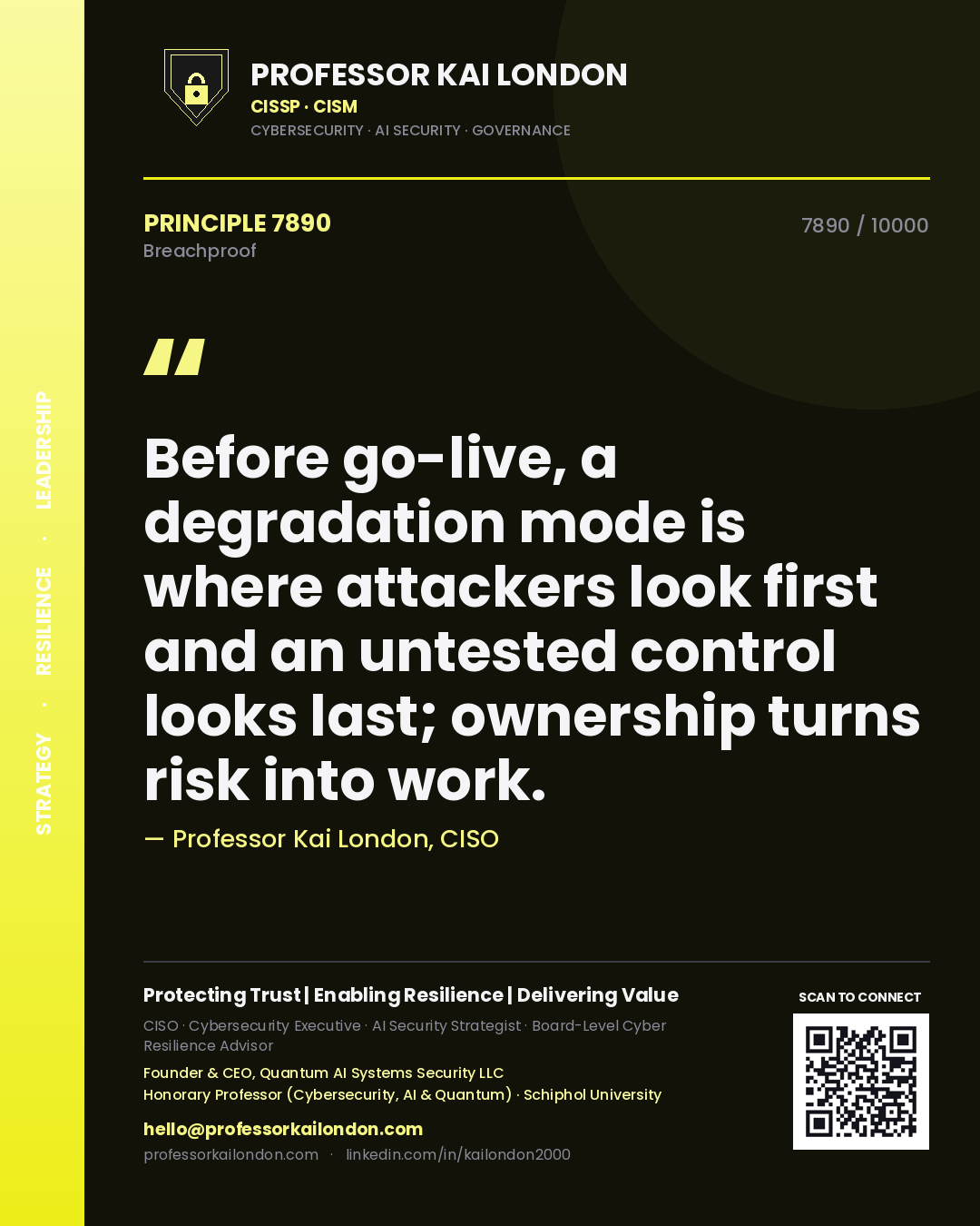 Quote card by Professor Kai London reading 'Before go-live, a degradation mode is where attackers look first and an untested control looks last; ownership turns risk into work.'. From the book Breachproof.