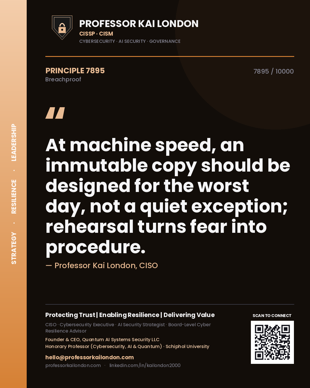 Quote card by Professor Kai London reading 'At machine speed, an immutable copy should be designed for the worst day, not a quiet exception; rehearsal turns fear into procedure.'. From the book Breachproof.