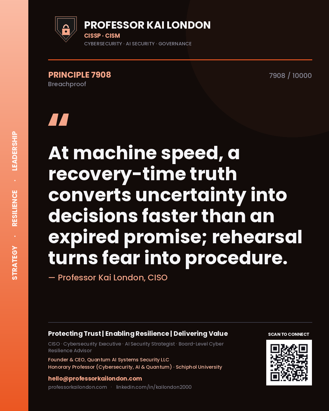 Quote card by Professor Kai London reading 'At machine speed, a recovery-time truth converts uncertainty into decisions faster than an expired promise; rehearsal turns fear into procedure.'. From the book Breachproof.