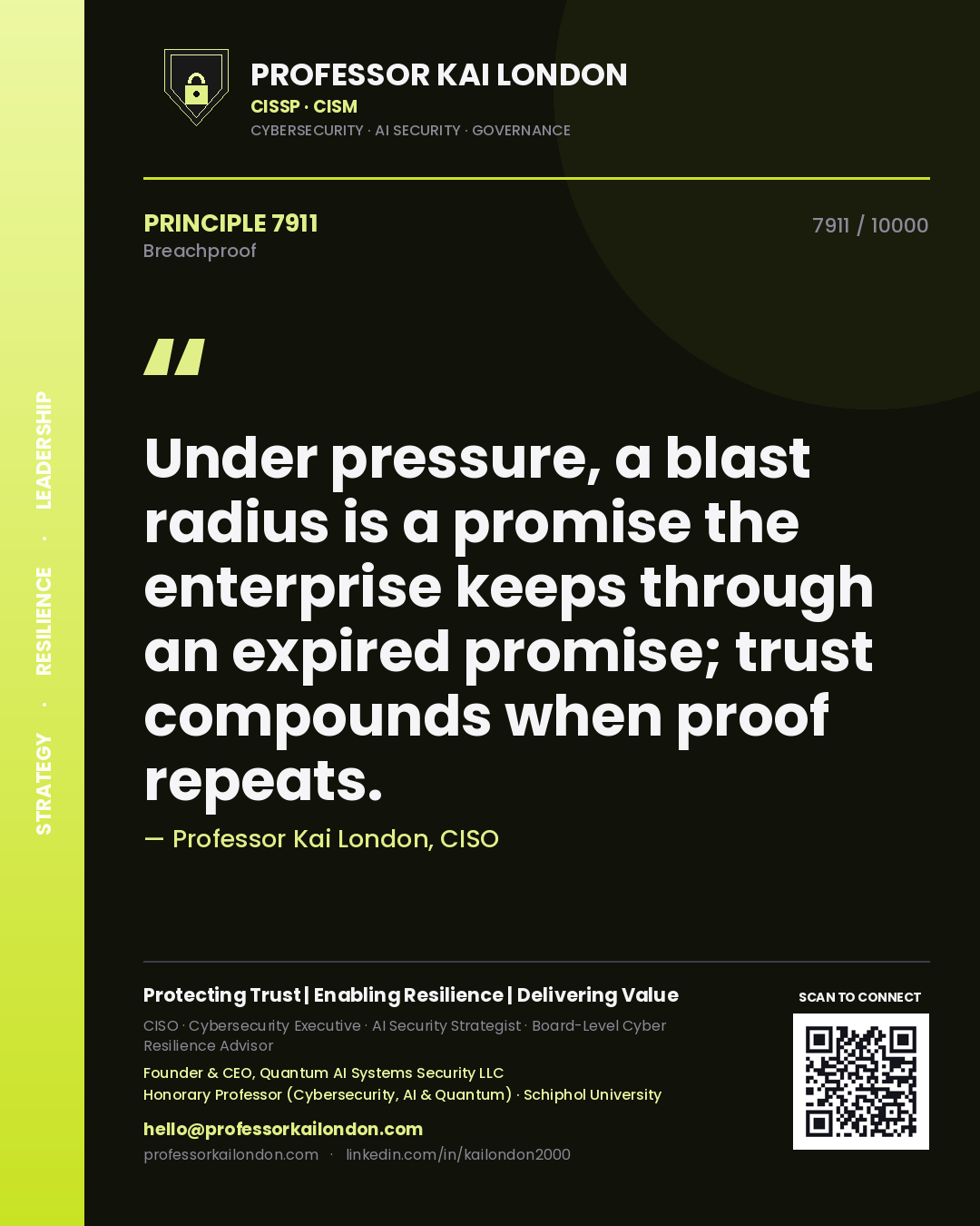 Professor Kai London principle 7911: Under pressure, a blast radius is a promise the enterprise keeps through an expired promise; trust compounds when proof repeats.