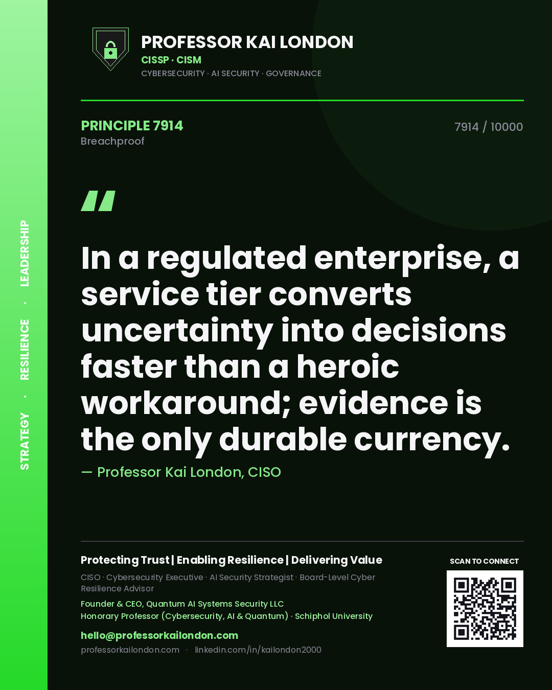 Quote card by Professor Kai London reading 'In a regulated enterprise, a service tier converts uncertainty into decisions faster than a heroic workaround; evidence is the only durable currency.'. From the book Breachproof.