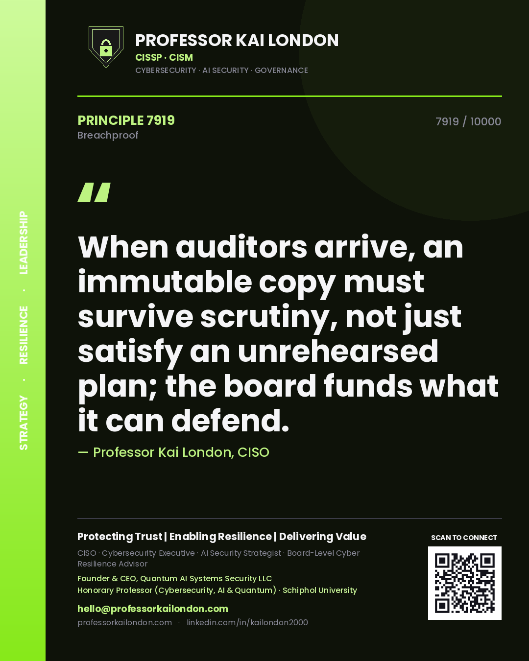 Professor Kai London principle 7919: When auditors arrive, an immutable copy must survive scrutiny, not just satisfy an unrehearsed plan; the board funds what it can defend.