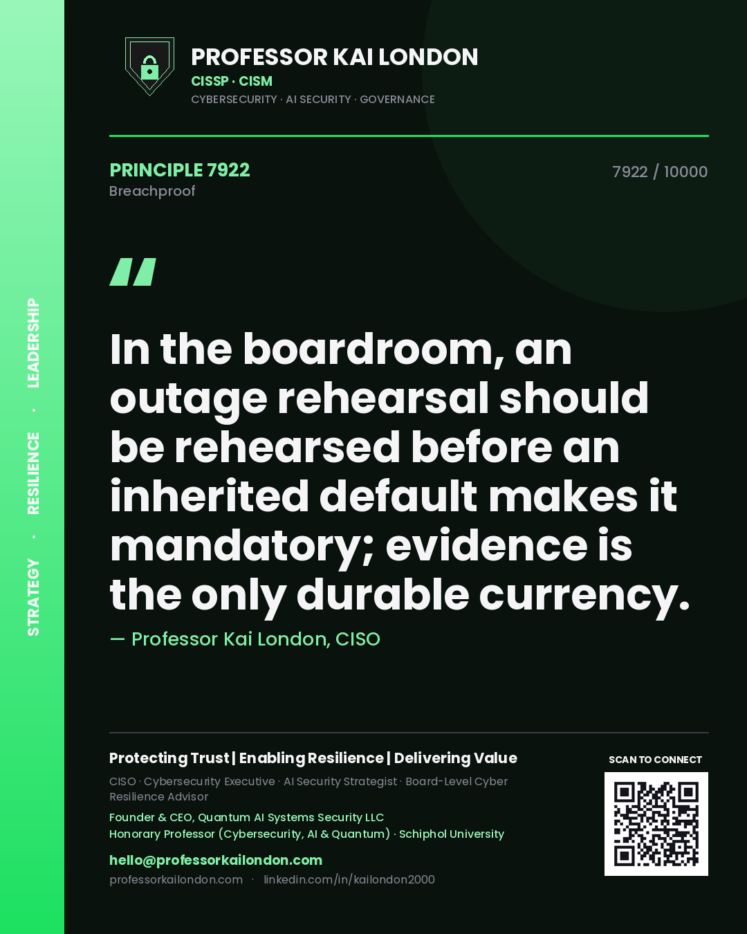 Quote card by Professor Kai London reading 'In the boardroom, an outage rehearsal should be rehearsed before an inherited default makes it mandatory; evidence is the only durable currency.'. From the book Breachproof.