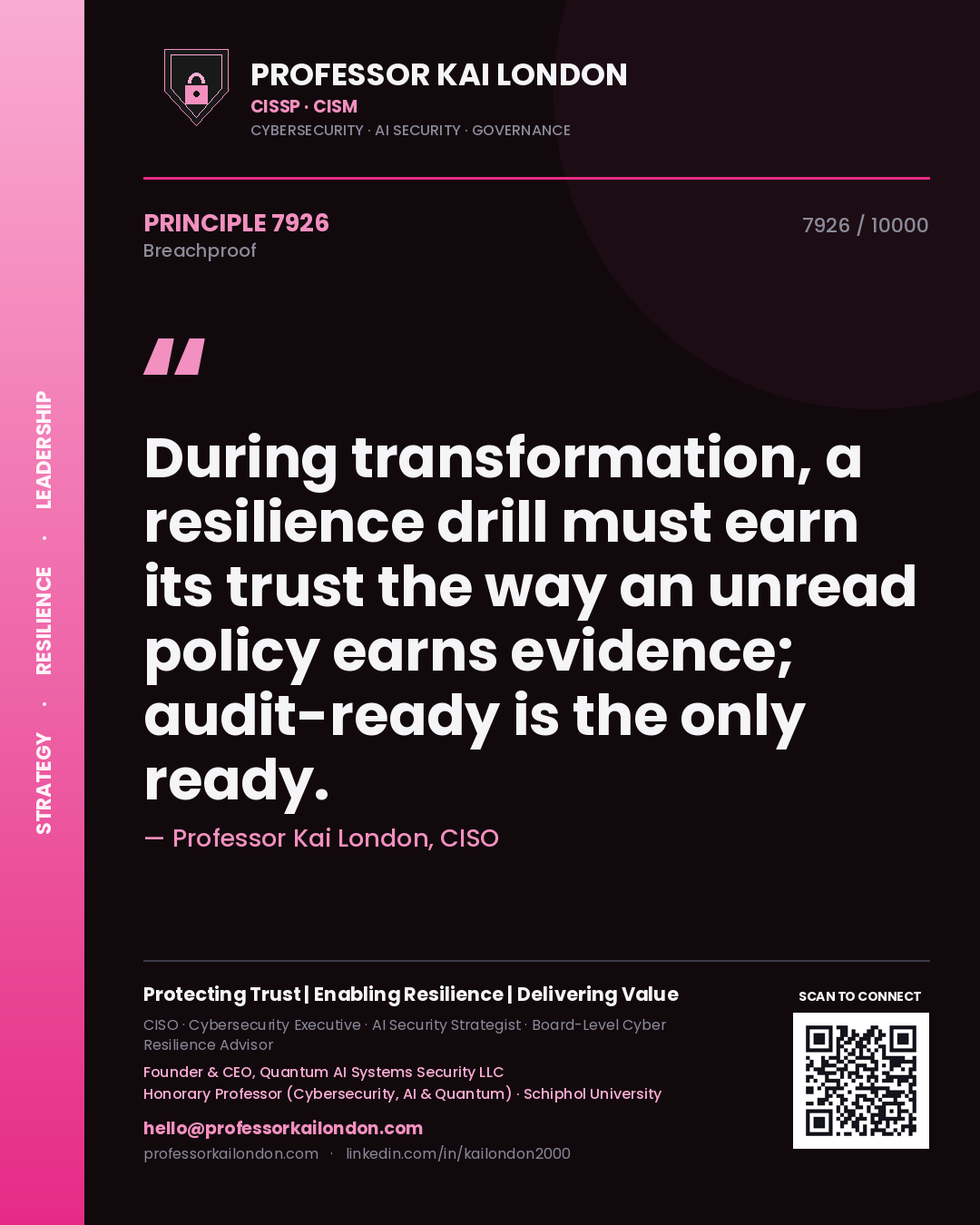 Professor Kai London principle 7926: During transformation, a resilience drill must earn its trust the way an unread policy earns evidence; audit-ready is the only ready.
