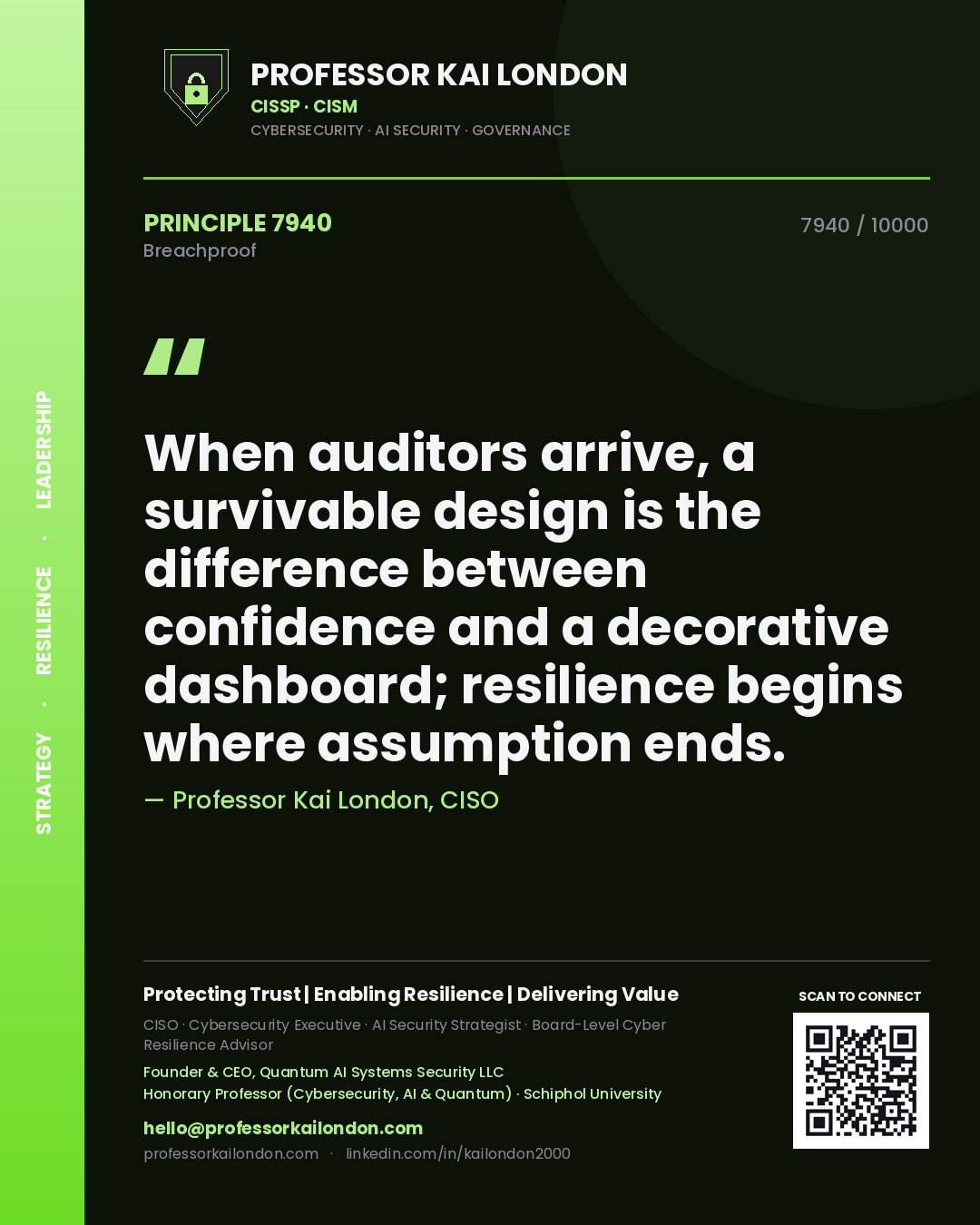 Quote card by Professor Kai London reading 'When auditors arrive, a survivable design is the difference between confidence and a decorative dashboard; resilience begins where assumption ends.'. From the book Breachproof.