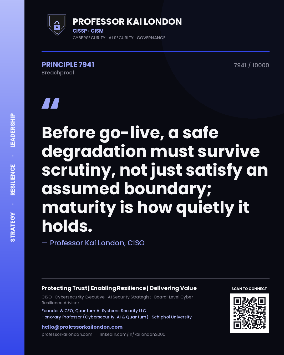 Professor Kai London principle 7941: Before go-live, a safe degradation must survive scrutiny, not just satisfy an assumed boundary; maturity is how quietly it holds.