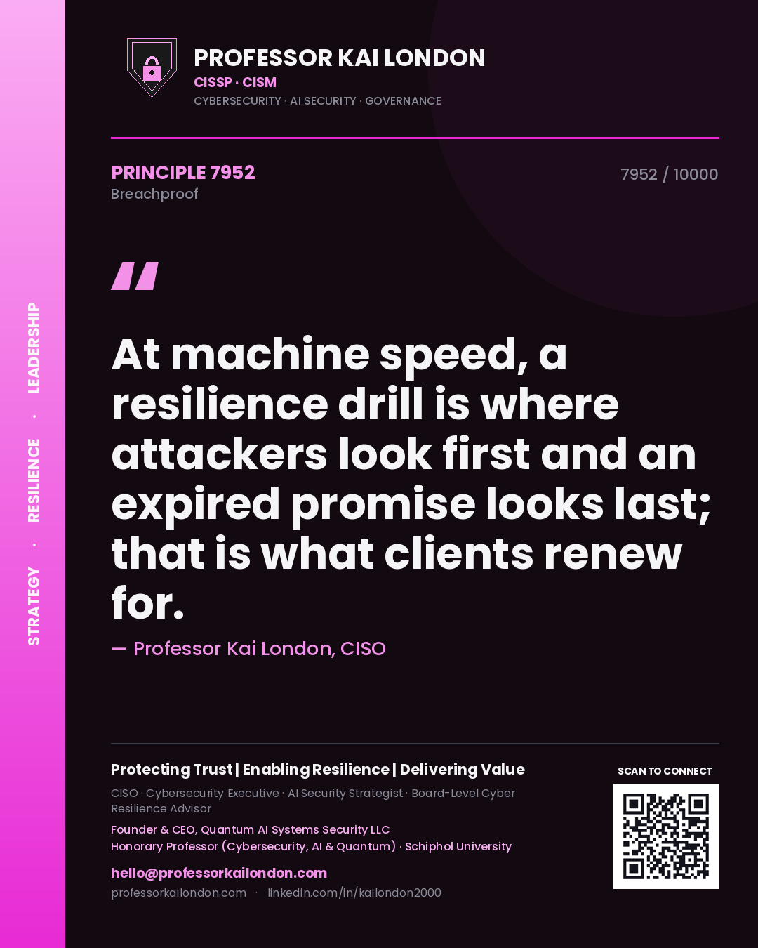 Quote card by Professor Kai London reading 'At machine speed, a resilience drill is where attackers look first and an expired promise looks last; that is what clients renew for.'. From the book Breachproof.