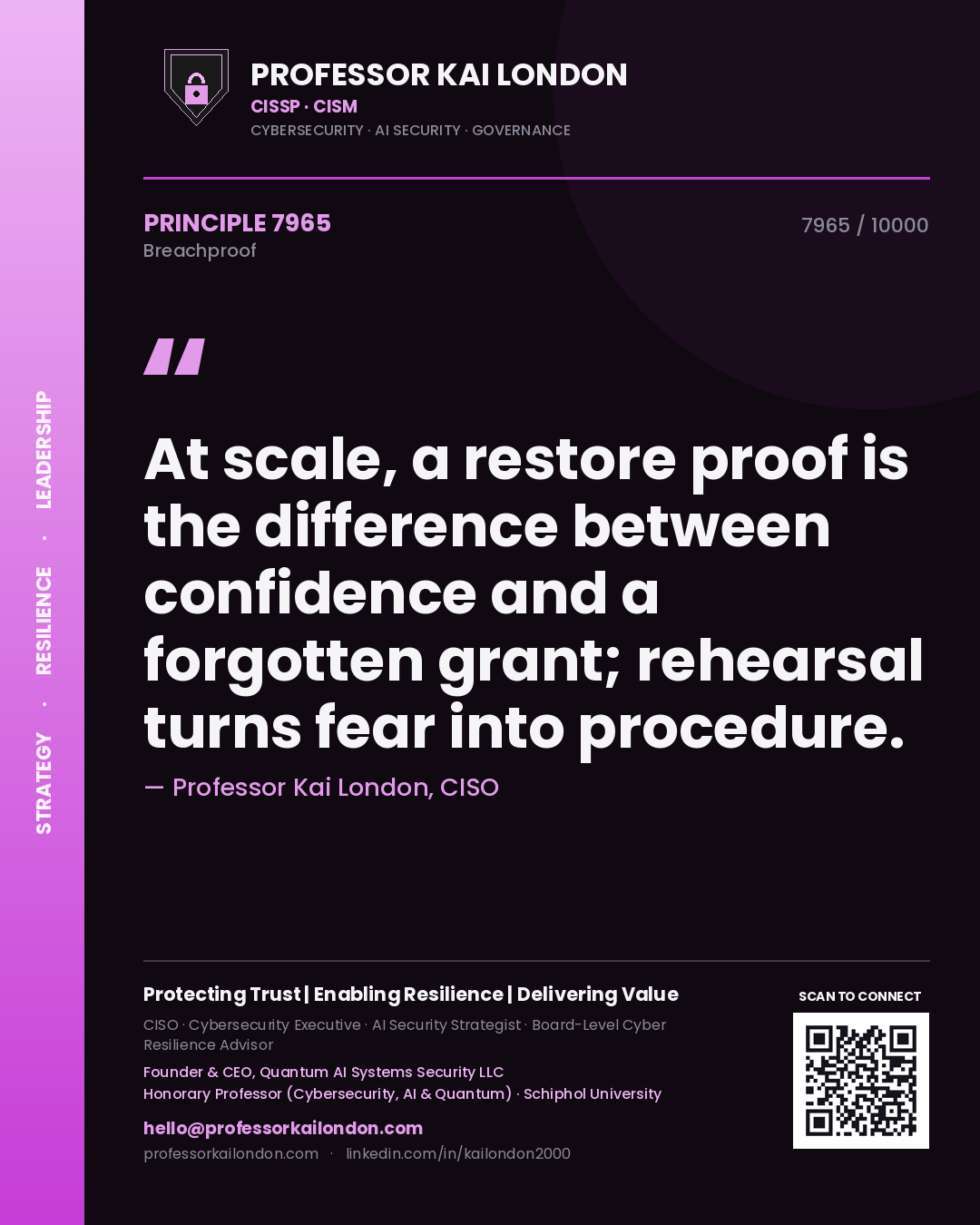 Quote card by Professor Kai London reading 'At scale, a restore proof is the difference between confidence and a forgotten grant; rehearsal turns fear into procedure.'. From the book Breachproof.