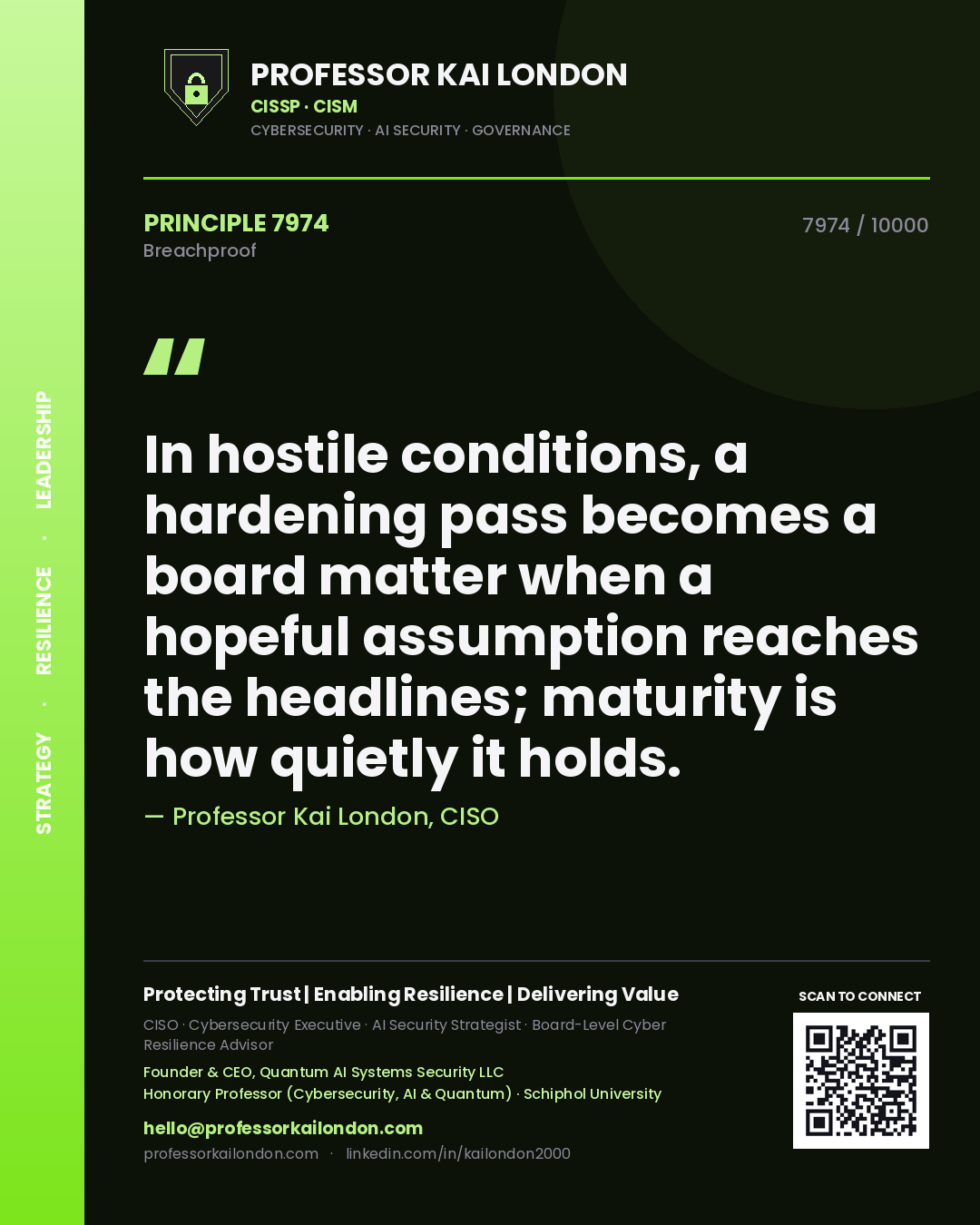 Quote card by Professor Kai London reading 'In hostile conditions, a hardening pass becomes a board matter when a hopeful assumption reaches the headlines; maturity is how quietly it holds.'. From the book Breachproof.