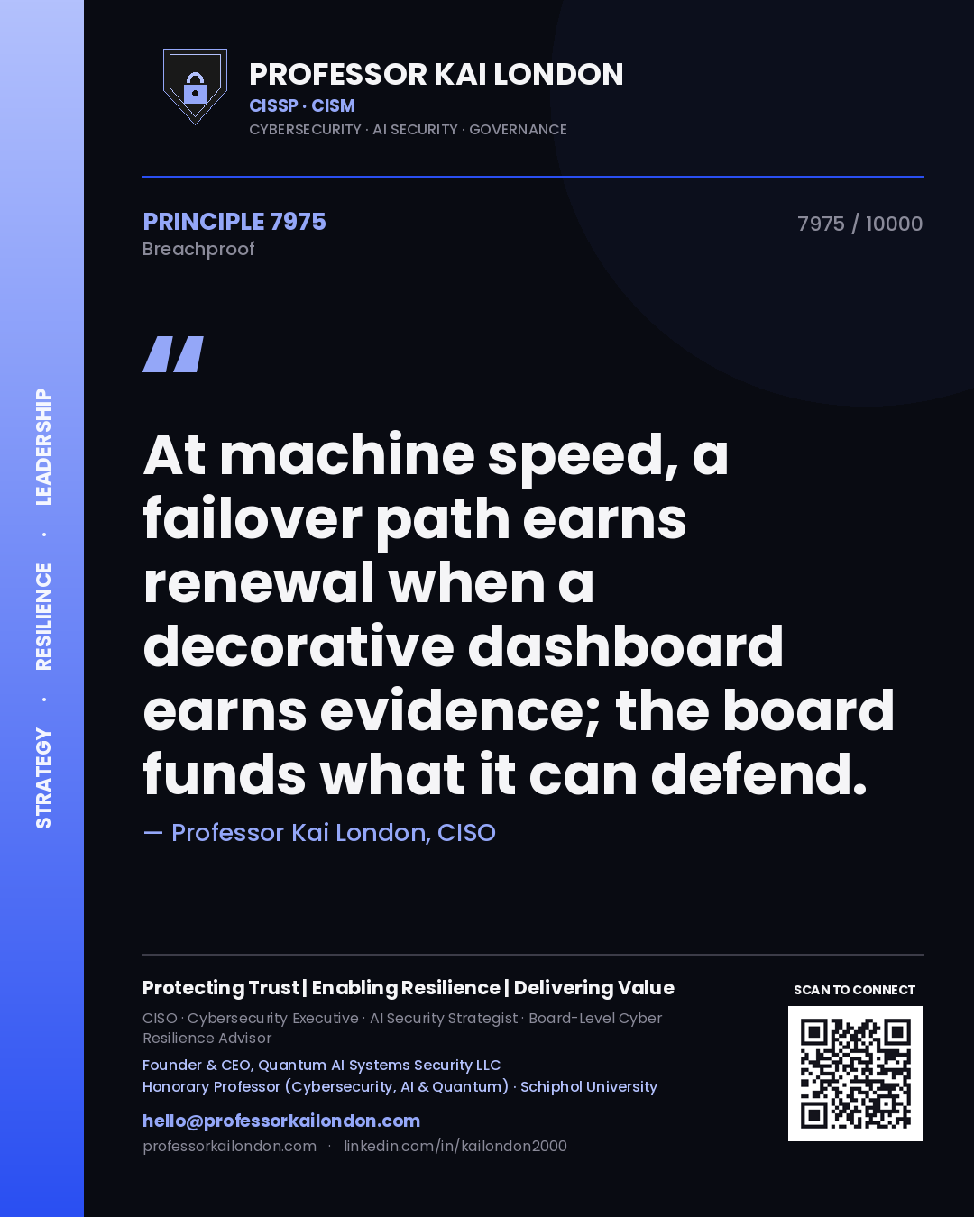 Professor Kai London principle 7975: At machine speed, a failover path earns renewal when a decorative dashboard earns evidence; the board funds what it can defend.